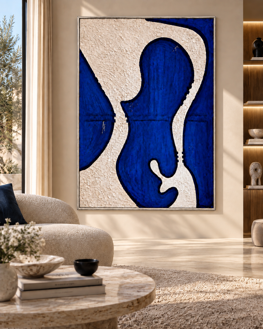 The Birth of SAM — painting by Salma Ouaja, SAM Studio Milano. Mixed media on canvas · Klein blue and textured plaster · 150 × 200 cm