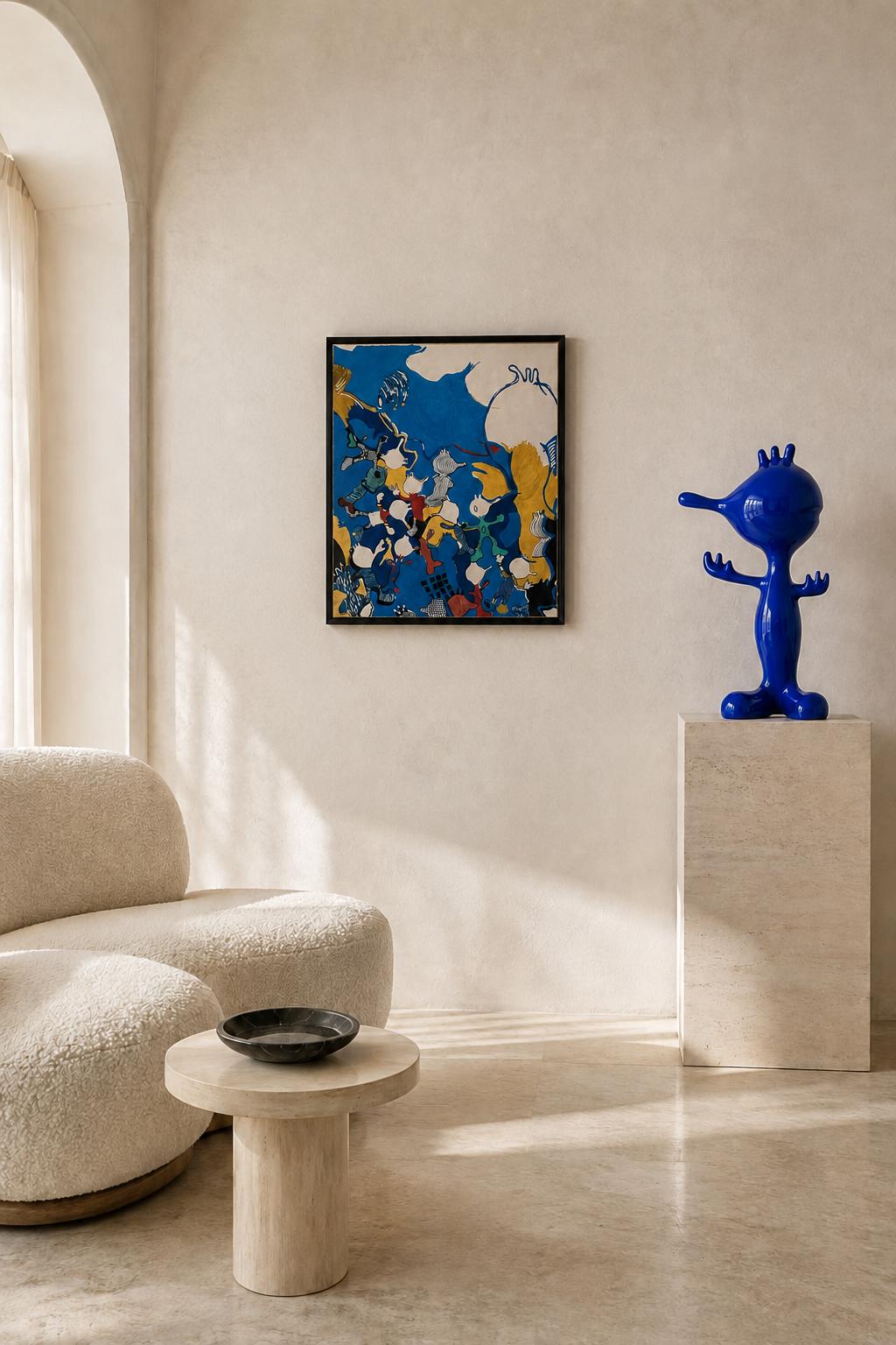 Mediterranean Crowd — painting by Salma Ouaja, SAM Studio Milano. Mixed media on canvas · Blue, ochre and mixed pigments · 50 × 60 cm