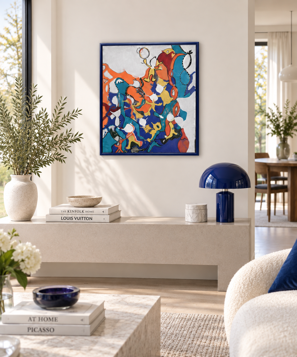 Chromatic Symphony — painting by Salma Ouaja, SAM Studio Milano. Mixed media on canvas · Blue, ochre and vermilion · 50 × 60 cm