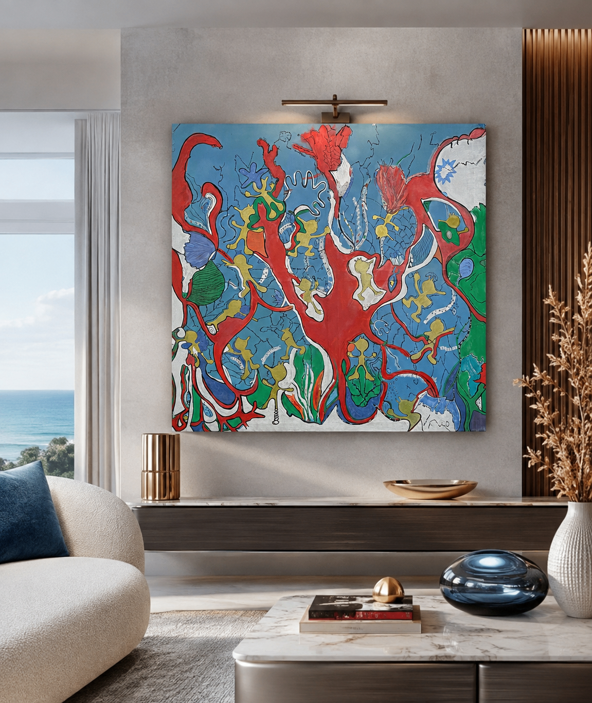 Coral Reef — painting by Salma Ouaja, SAM Studio Milano. Mixed media on canvas · Blue and vermilion · 100 × 100 cm